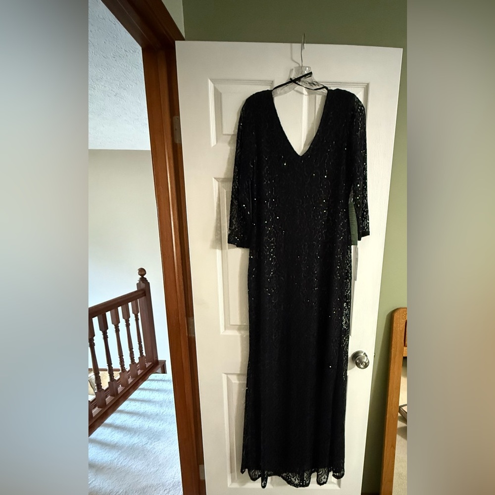 NWT - Formal Floor Length Black 3/4 Sleeve Lace and Sequin Dress